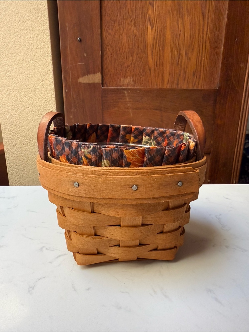 Longaberger Brown Woven Basket with Autumn-Pattern Liner